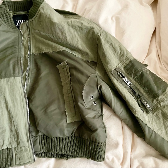 ZARA Water Repellant Patchwork Bomber Jacket Green Oversized Size Medium Padded - Picture 5 of 13